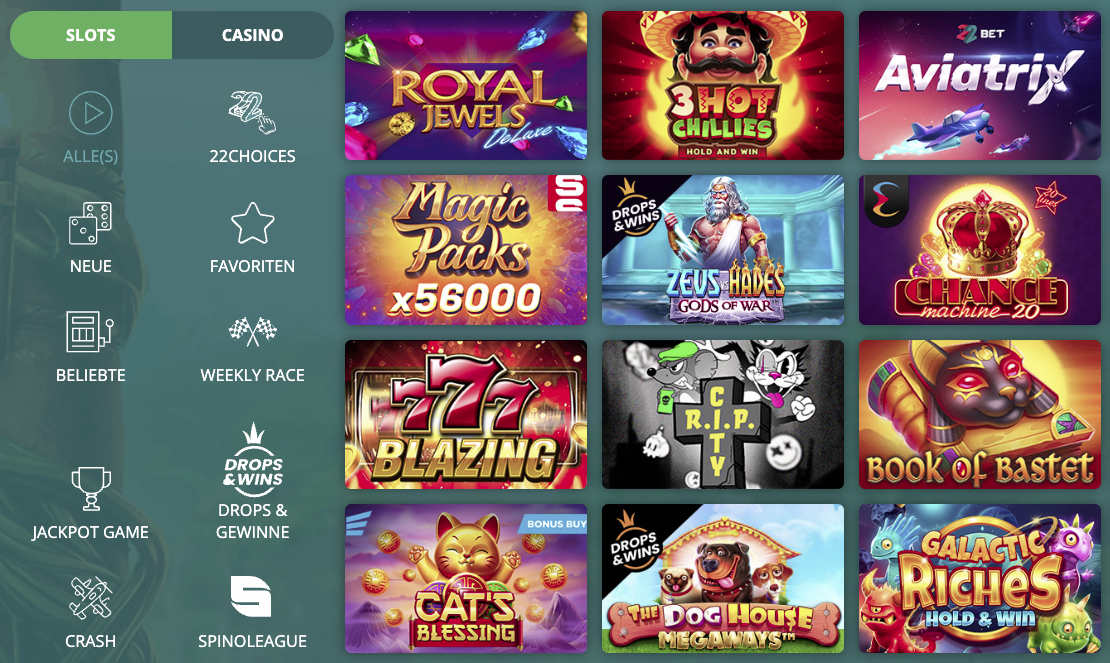 Screenshot der 22bet Spielauswahl mit Schweizer Standort - getestet von kryptocasinos.com