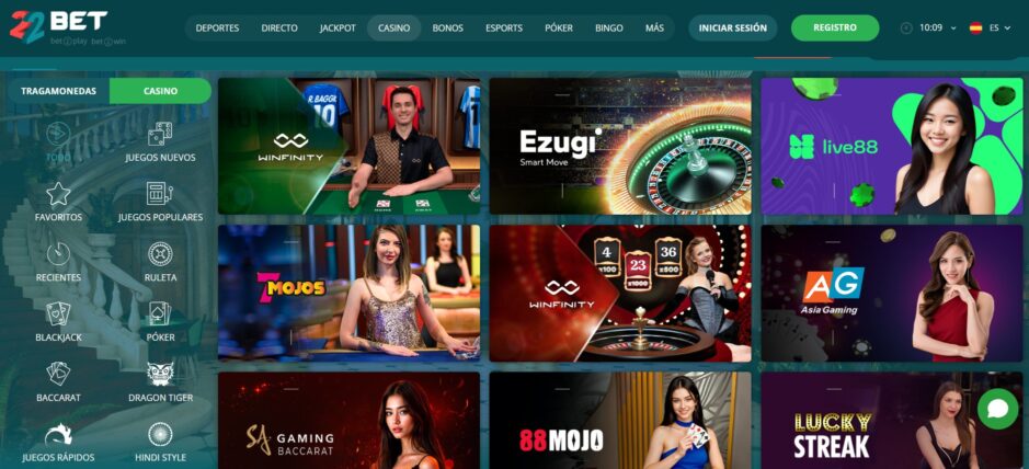 selección de juegos en 22Bet