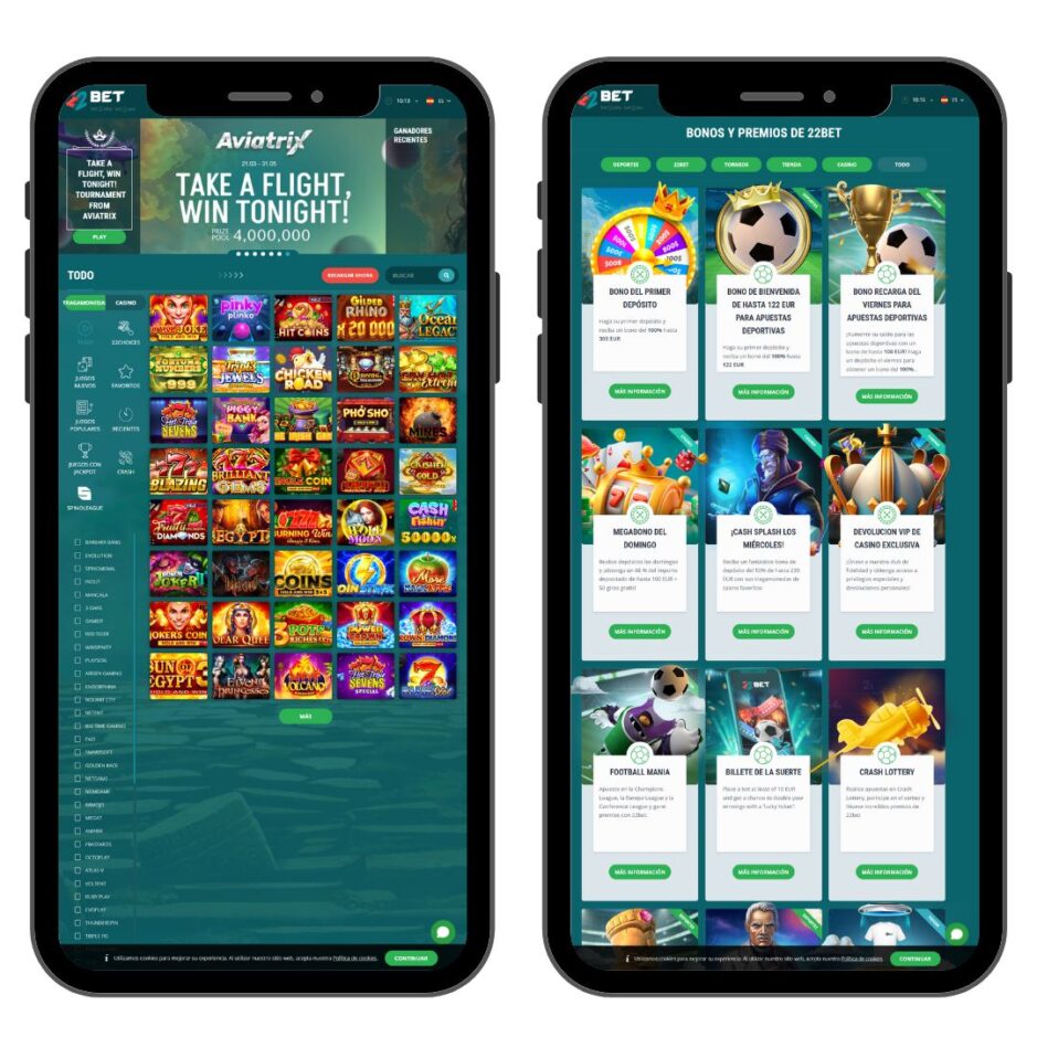 La versión móvil de casino 22Bet