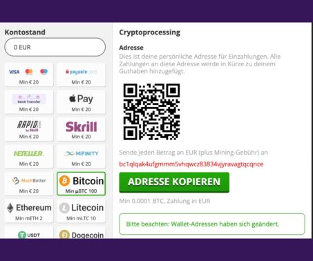 Das Bild zeigt die Einzahlung bei Playamo: QR Code zum Geld senden