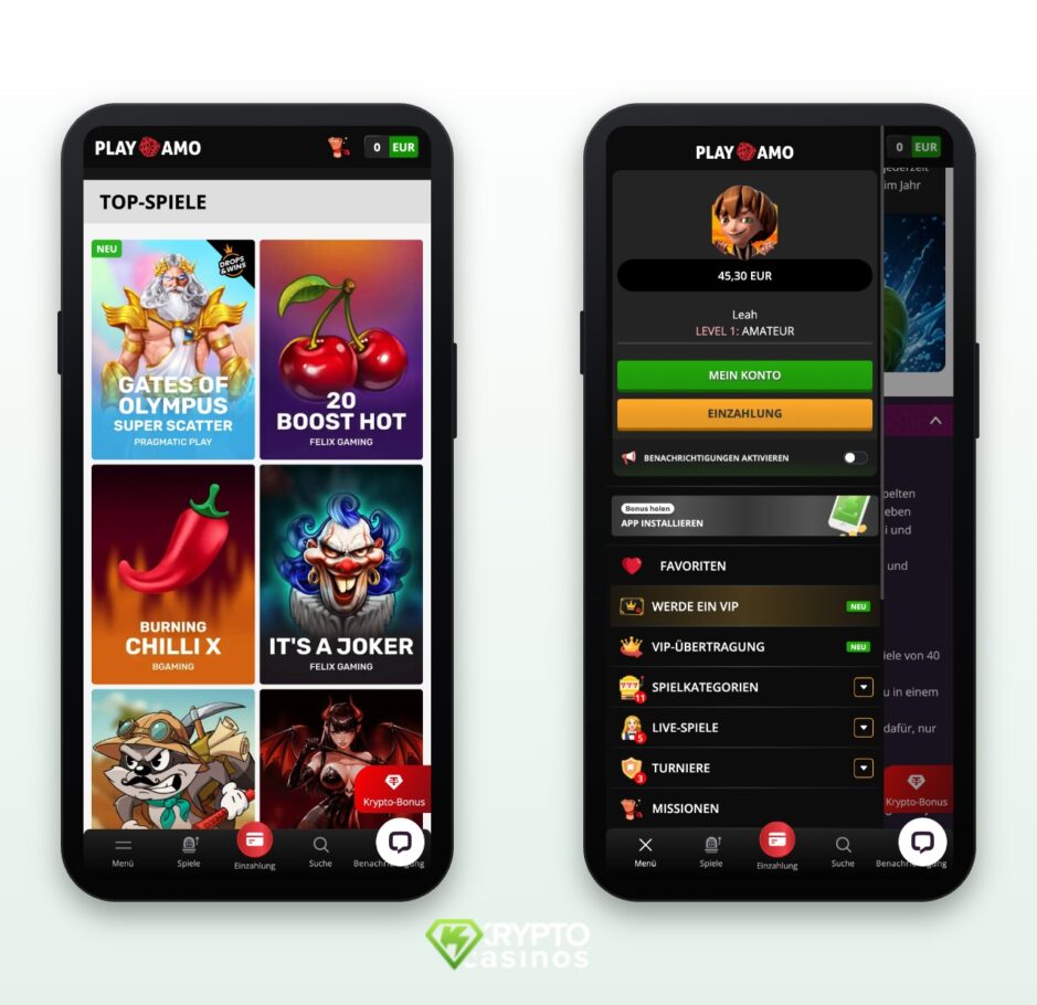 Das Bild zeigt die mobile Ansicht von Playamo DE. Rechts sieht man das Hauptmenü und links die Spiellobby