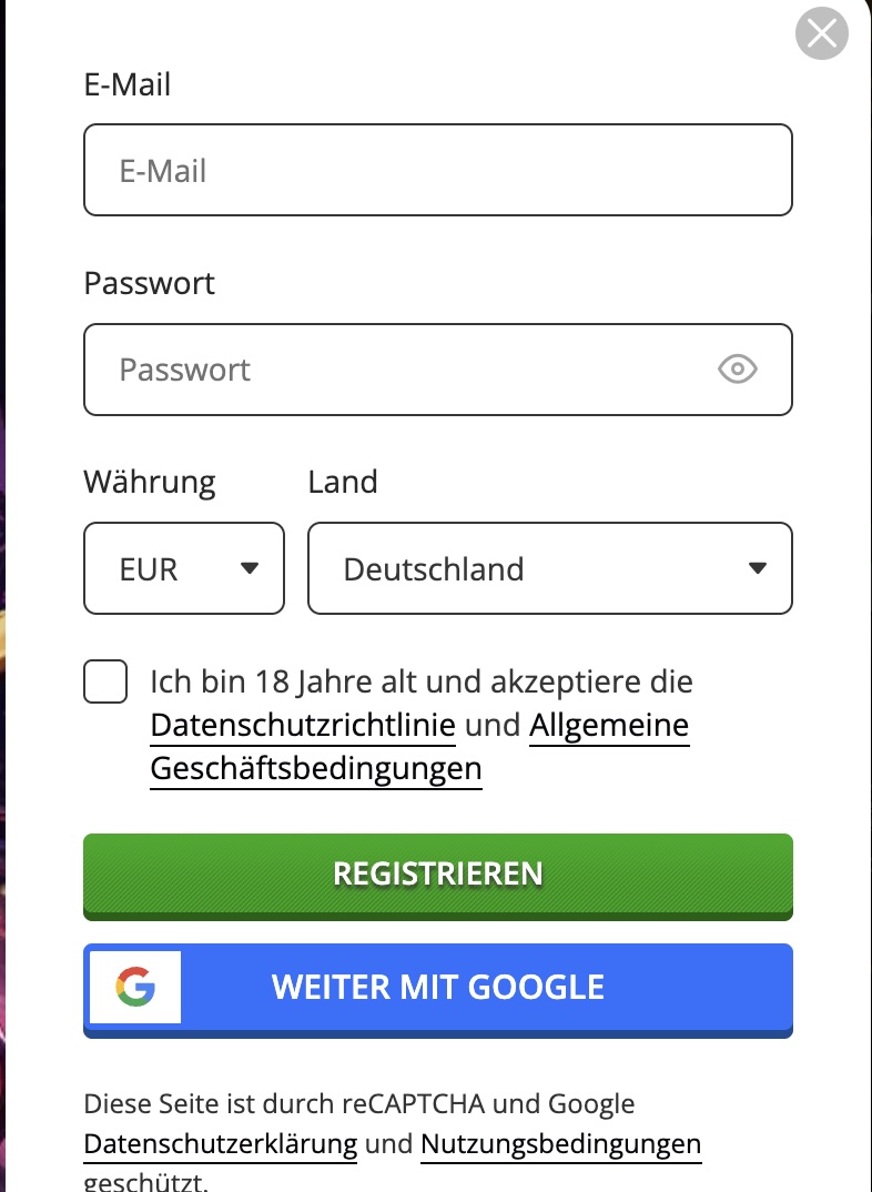 Das Bild zeigt die Registrierungsmaske von Playamo DE