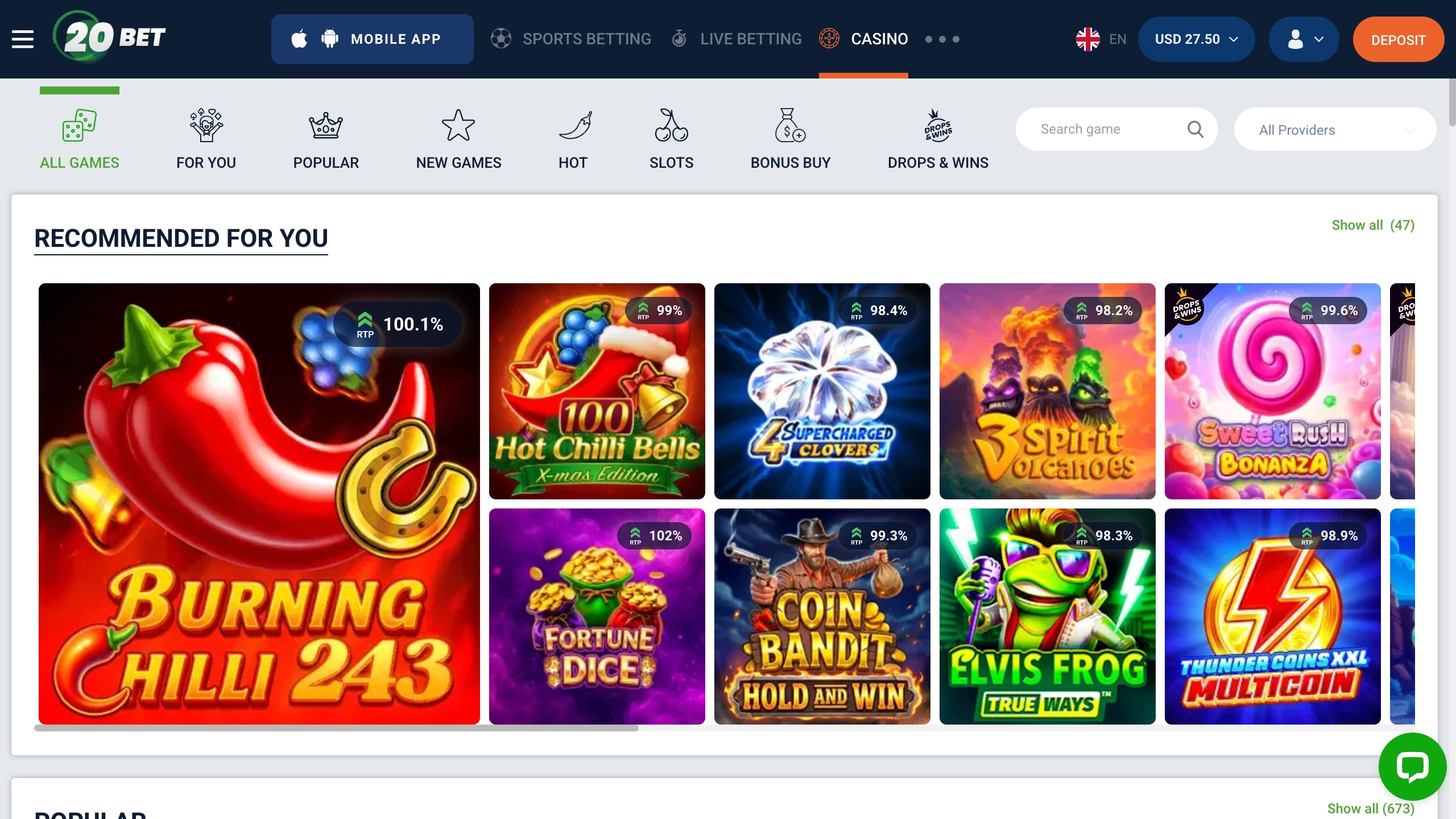 20bet casino lobby showing recommended slot games and RTP percentages