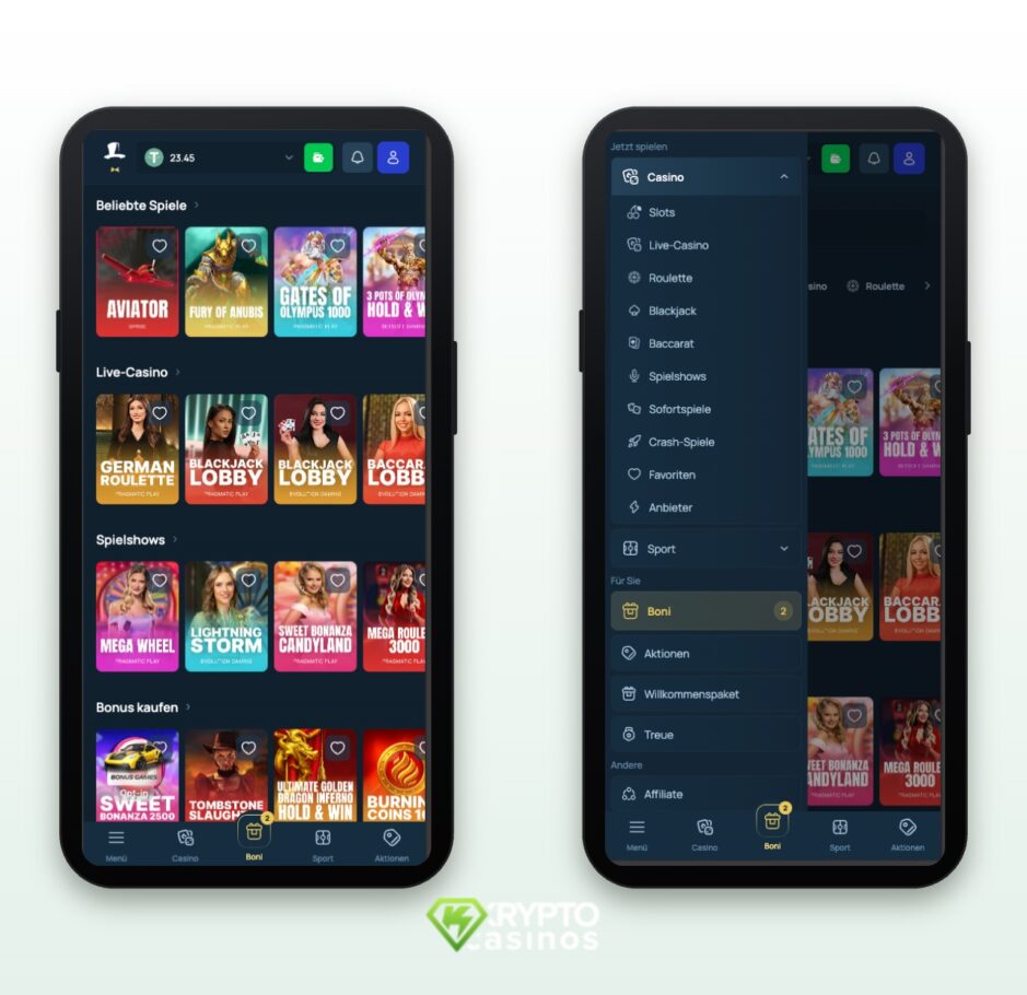 Das Bild zeigt die mobile Version von FortuneJack DE. Links sieht man die Spiellobby und recht das Hauptmenü