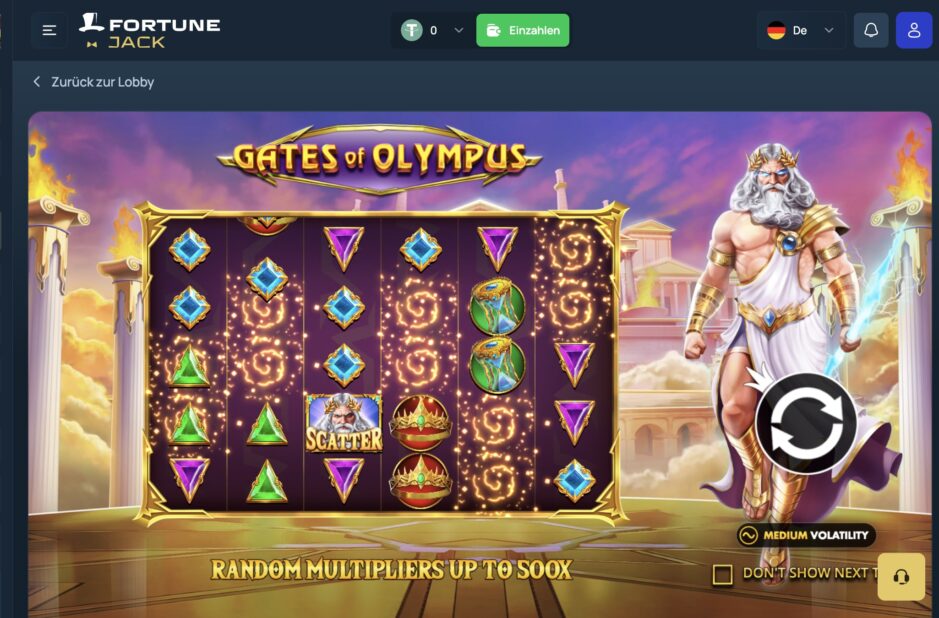 Das Bild zeigt wie man live eine Demo Version von Gates of Olympus in FortuneJack DE spielt
