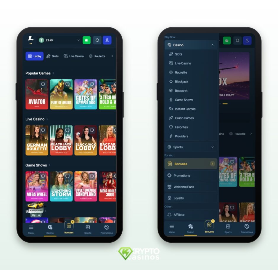 The image shows the mobile version of FortuneJack. On the left you can see the game collection and on the right the main menu