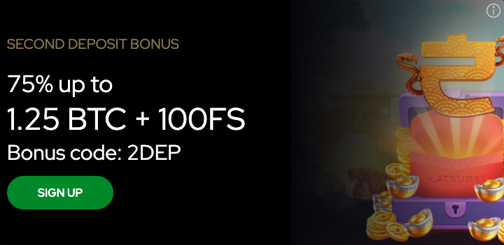 Second Deposit at katsubet brings 75% bonus up to 1.25 BTC + 100 Free Spins