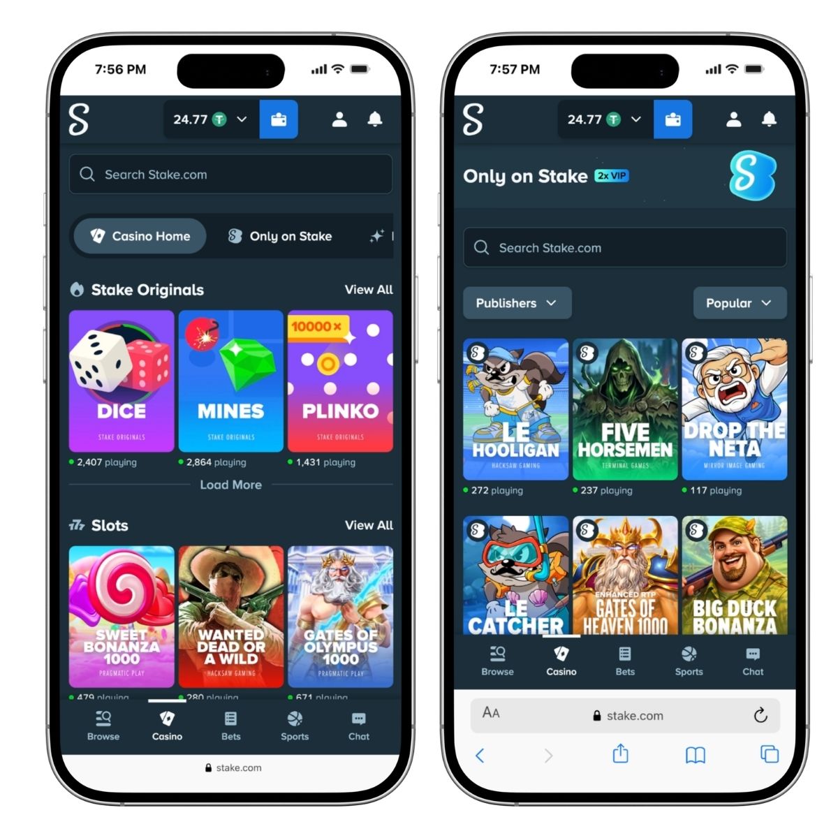Stake Casino mobile lobby showing Stake Originals, slots, and the Only on Stake game section