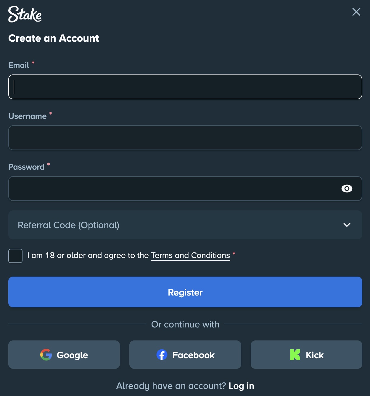 stake casino registration window showing email, username, and password fields