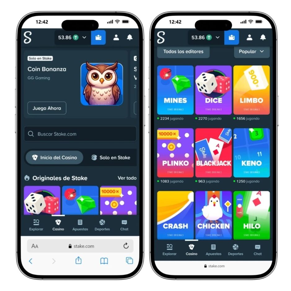 Captura de pantalla de la versión móvil de Stake Casino
