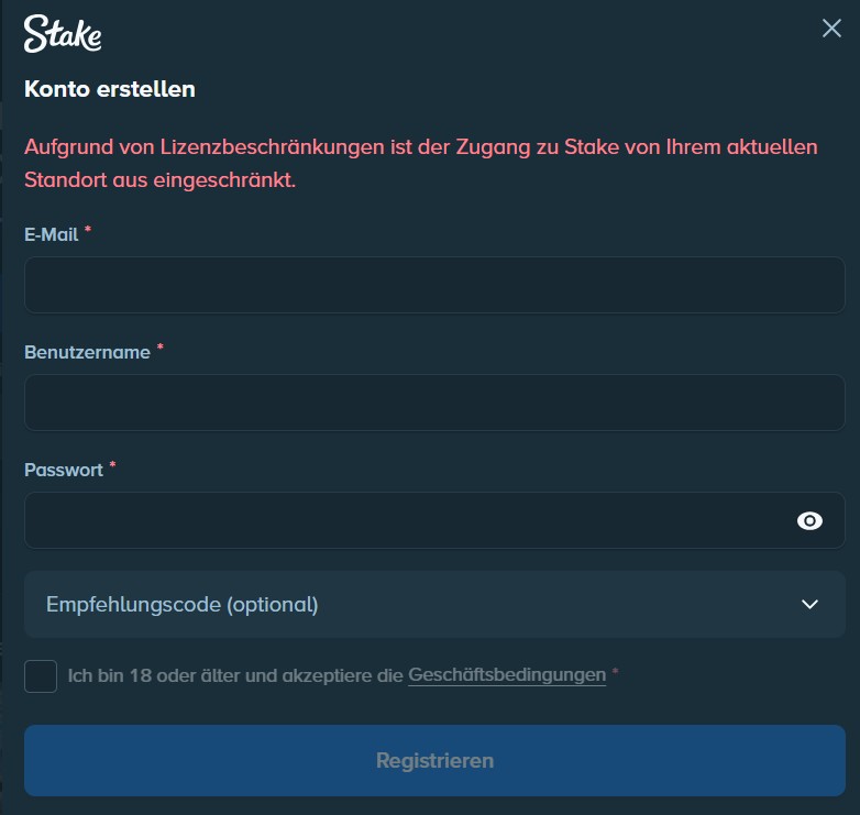 Fehlermeldung bei der Registrierung im Stake Casino mit deutscher IP-Adresse