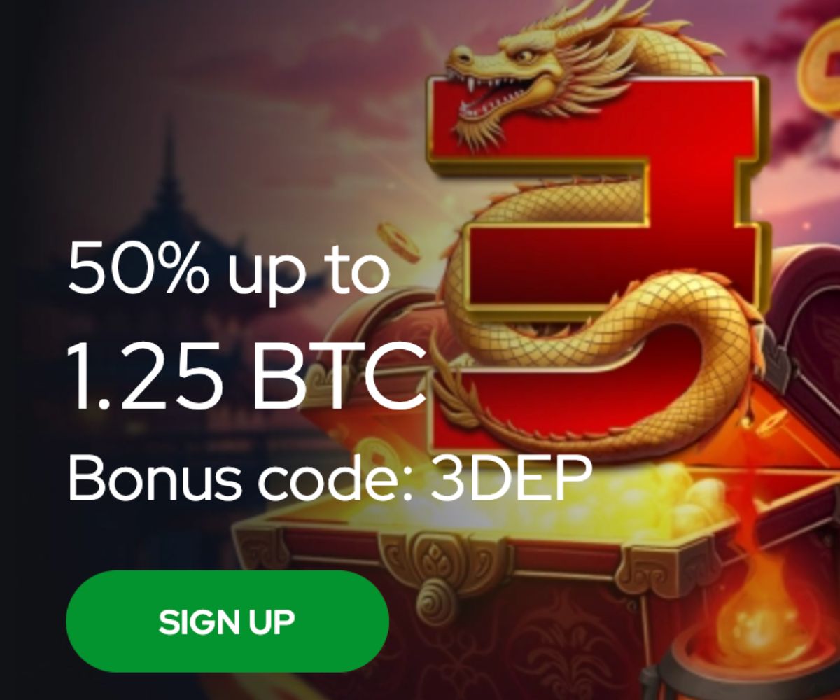 Bono de bienvenida con su tercer depósito del 50% hasta 1,25 BTC con el códio de solicitud.