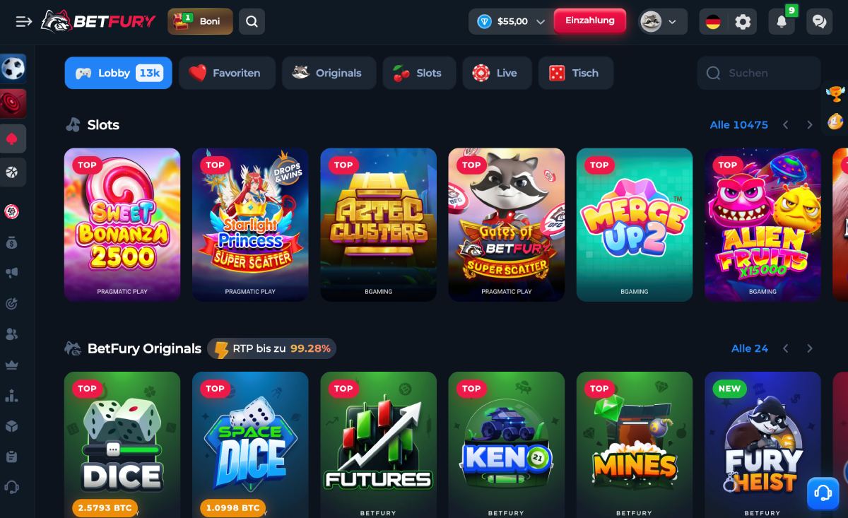 Screenshot der Casinospiel-Lobby bei Betfury