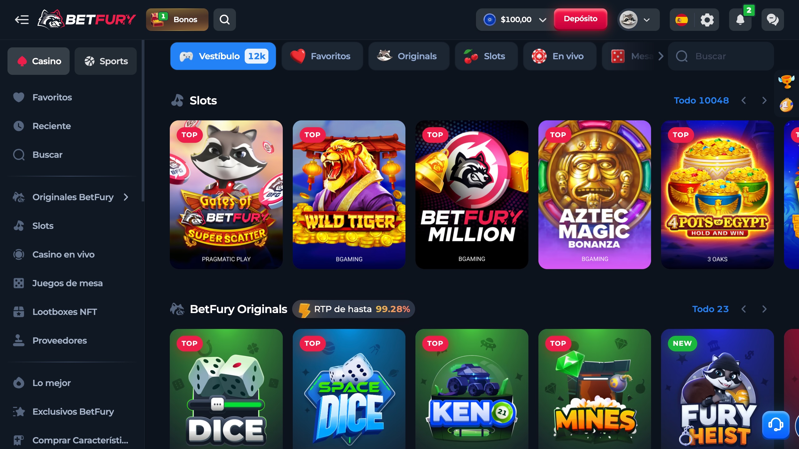 Juegos variados en Betfury casino.