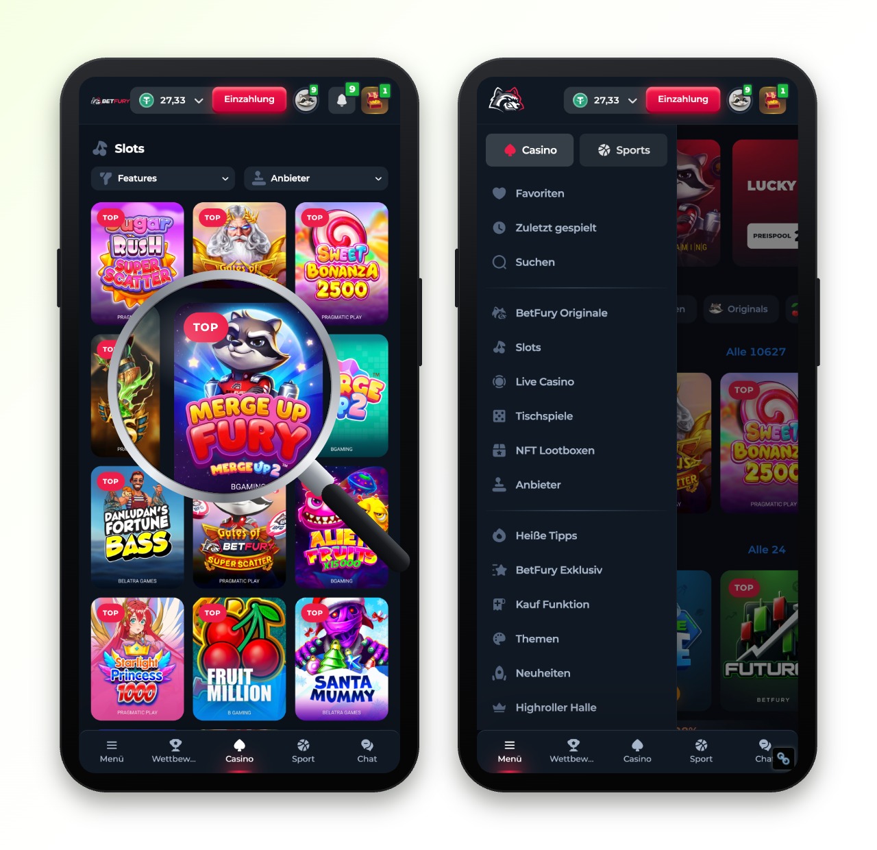 betfury casino-app mit spielauswahl und geöffnetem navigationsmenü auf zwei smartphones