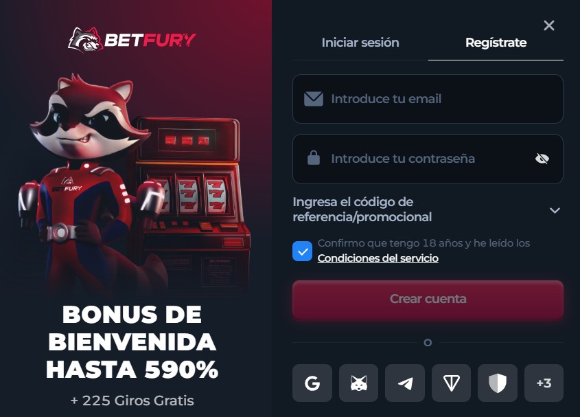 Pantalla de registro en el casino BetFury