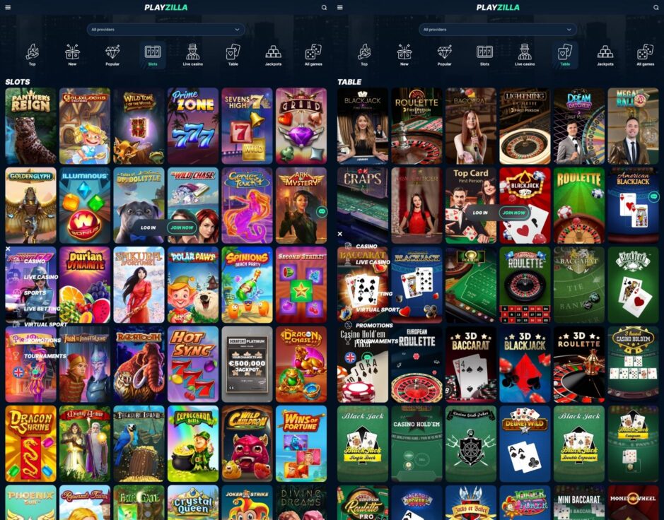 Spieleauswahl PlayZilla Casino