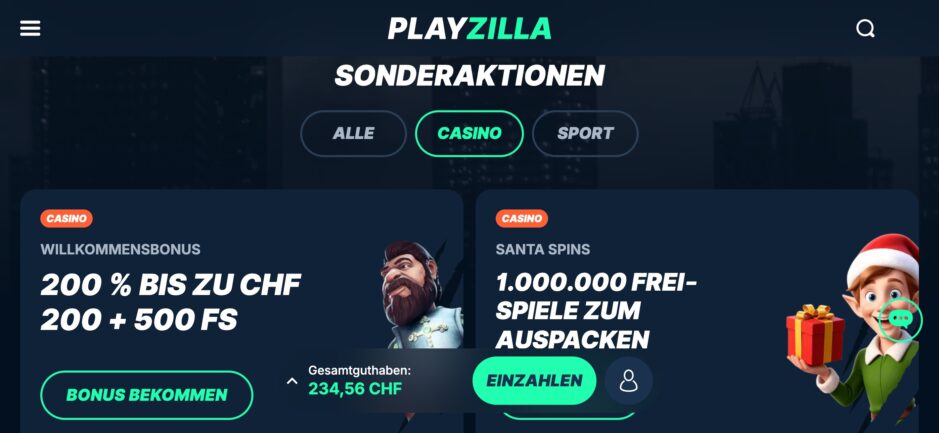 Das Bild zeigt einen kurzen Ausschnitt des Casino Bonus Angebot von PlayZilla CH