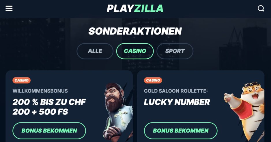 Das Bild zeigt einen kurzen Ausschnitt des Casino Bonus Angebot von PlayZilla CH