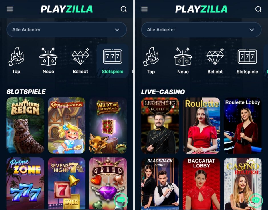 Mobile Ansicht PlayZilla Casino App