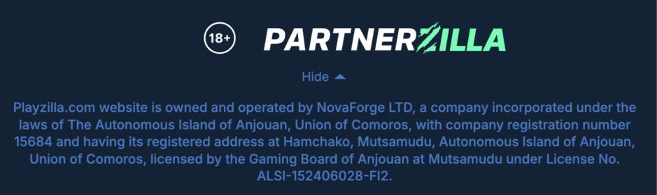 Das Bild zeigt die Lizenz Info von Playzilla. Das Casino operiert mit einer Lizenz der Anjouan Inseln