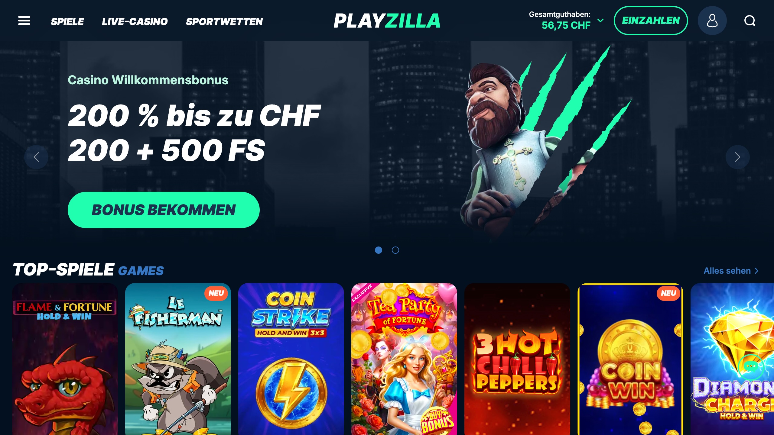 Das Bild zeigt die Desktop Startseite nach erfolgreichem Login bei Playzilla Schweiz mit dem Bonusbanner und der Spielesammlung