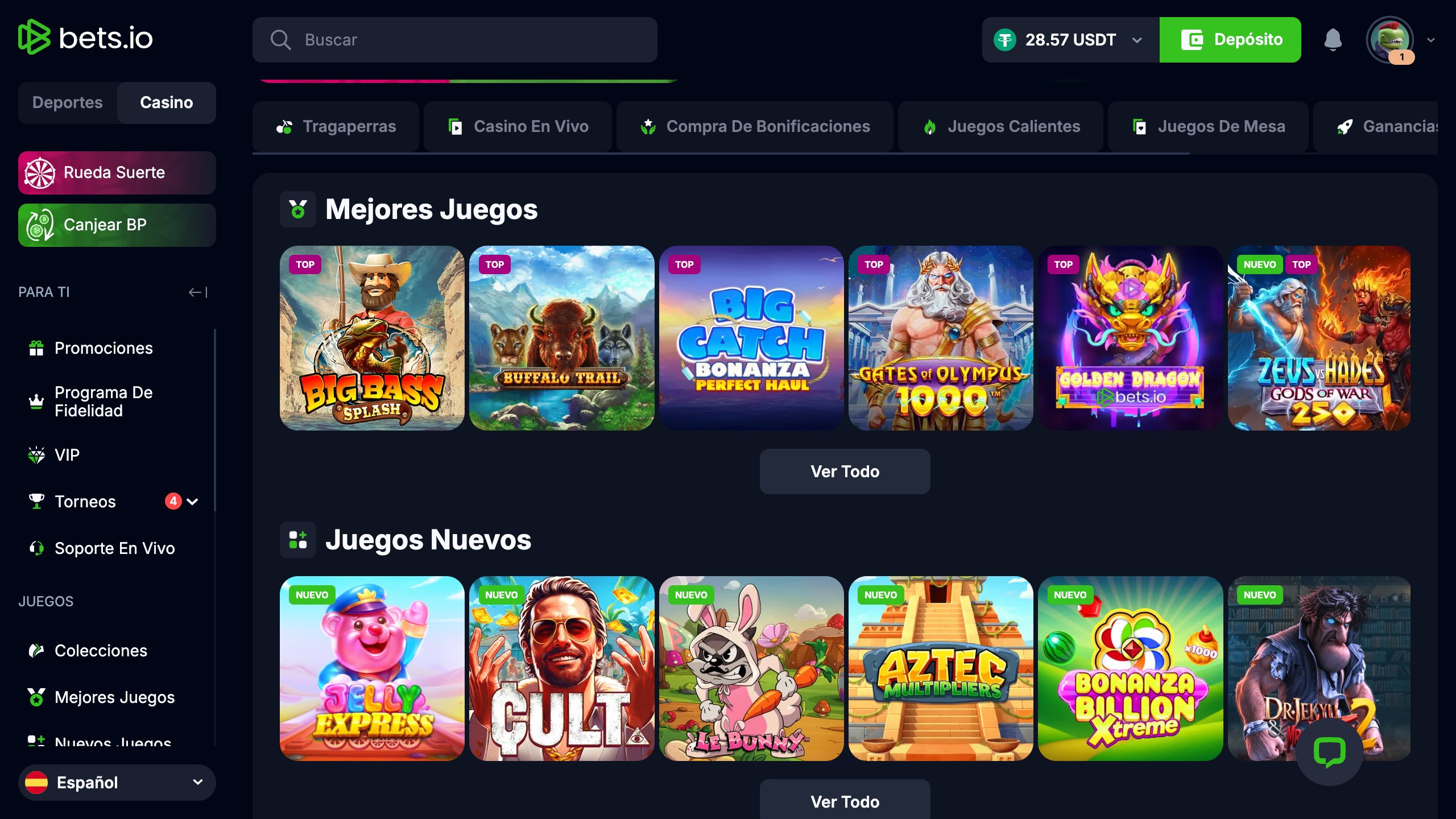 "Mejores juegos" y "Juegos nuevos" mostrados en Bets.io.