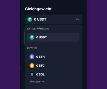 Das Bild zeigt den Einzahlunsvorgang bei Bets.io: Krypto Auswahl