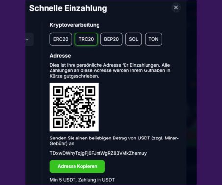 Das Bild zeigt den Einzahlunsvorgang bei Bets.io: QR Code zum Senden