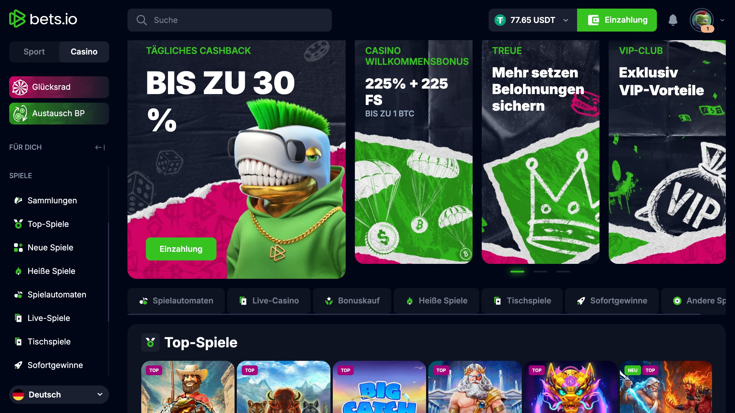 Das Bild zeigt die Desktop Startseite nach erfolgreichem Login bei Bets.io Schweiz mit dem Bonusbanner und der Spielesammlung