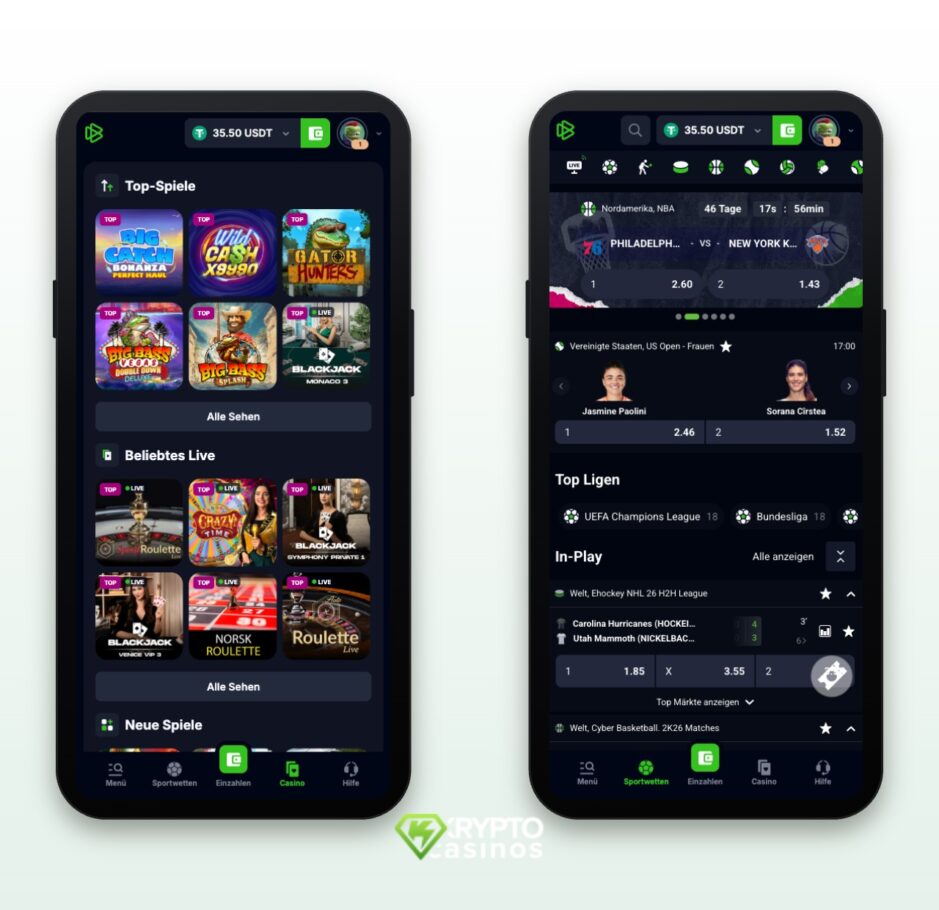 Das Bild zeigt die mobile Version von Bets.io DE. Rechts sieht man den Sportsbereich und links den Casino Bereich