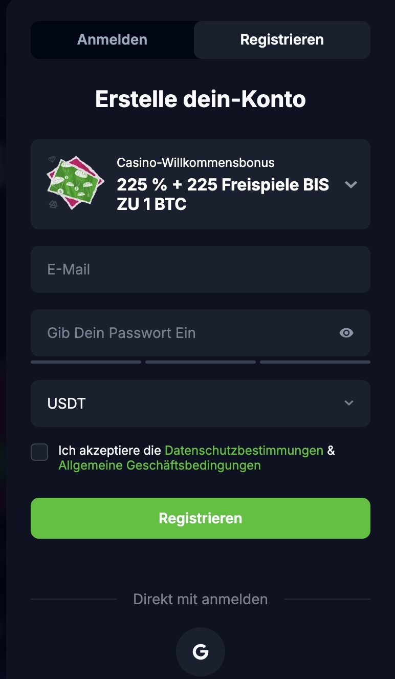 Das Bild zeigt die Anmeldungsmaske bei Bets.io DE