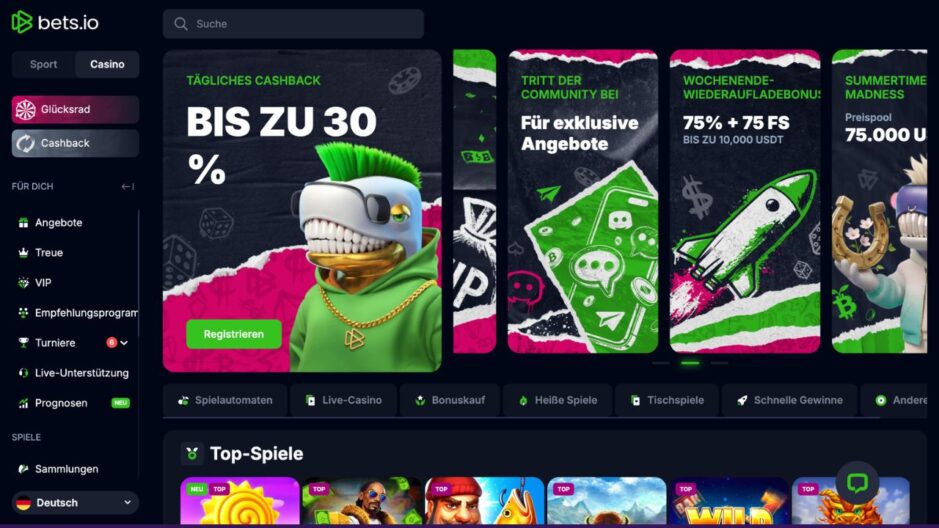 Das Bild zeigt die Desktop Version von bets.io DE