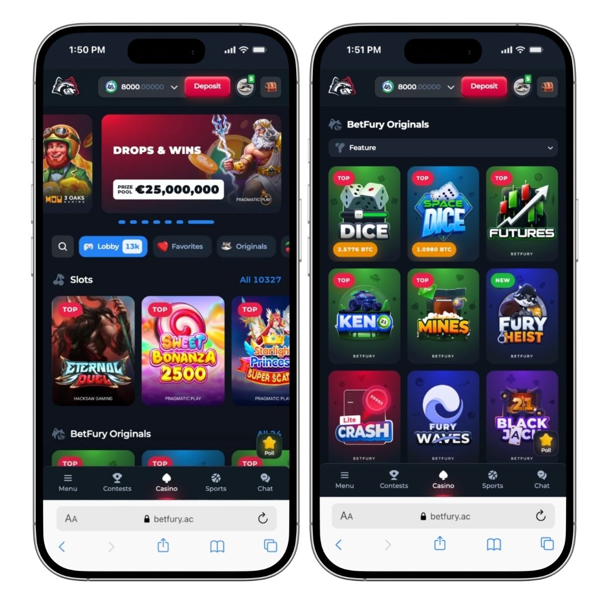 betfury casino mobile lobby showing slot games and betfury originals on two iphone screens