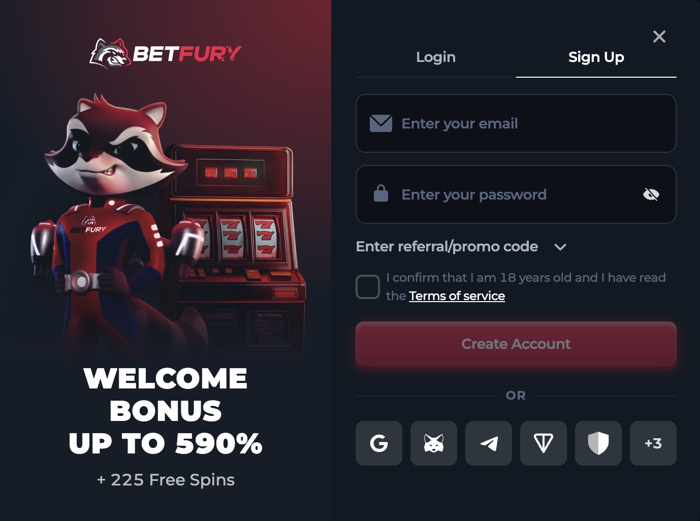betfury sign-up window showing email registration, wallet login options and welcome bonus banner