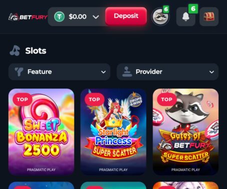betfury mobile slots lobby with feature and provider filters above slot games