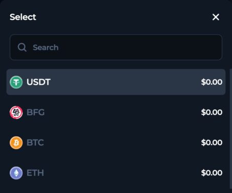 betfury currency selector showing USDT, BFG, BTC and ETH balances