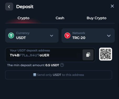 betfury deposit screen showing USDT TRC-20 address, QR code and minimum deposit amount