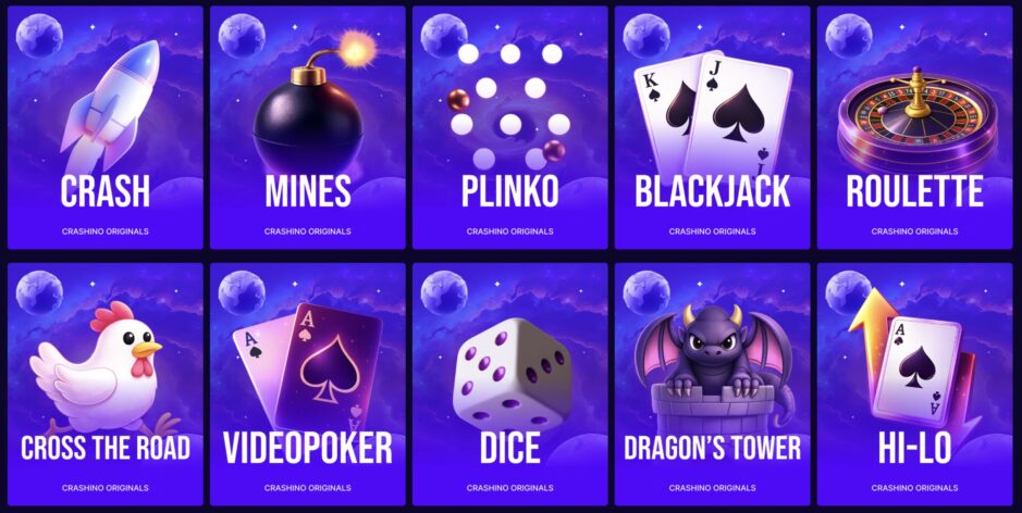 screenshot of crashino originals including crash, mines, plinko, dice and others