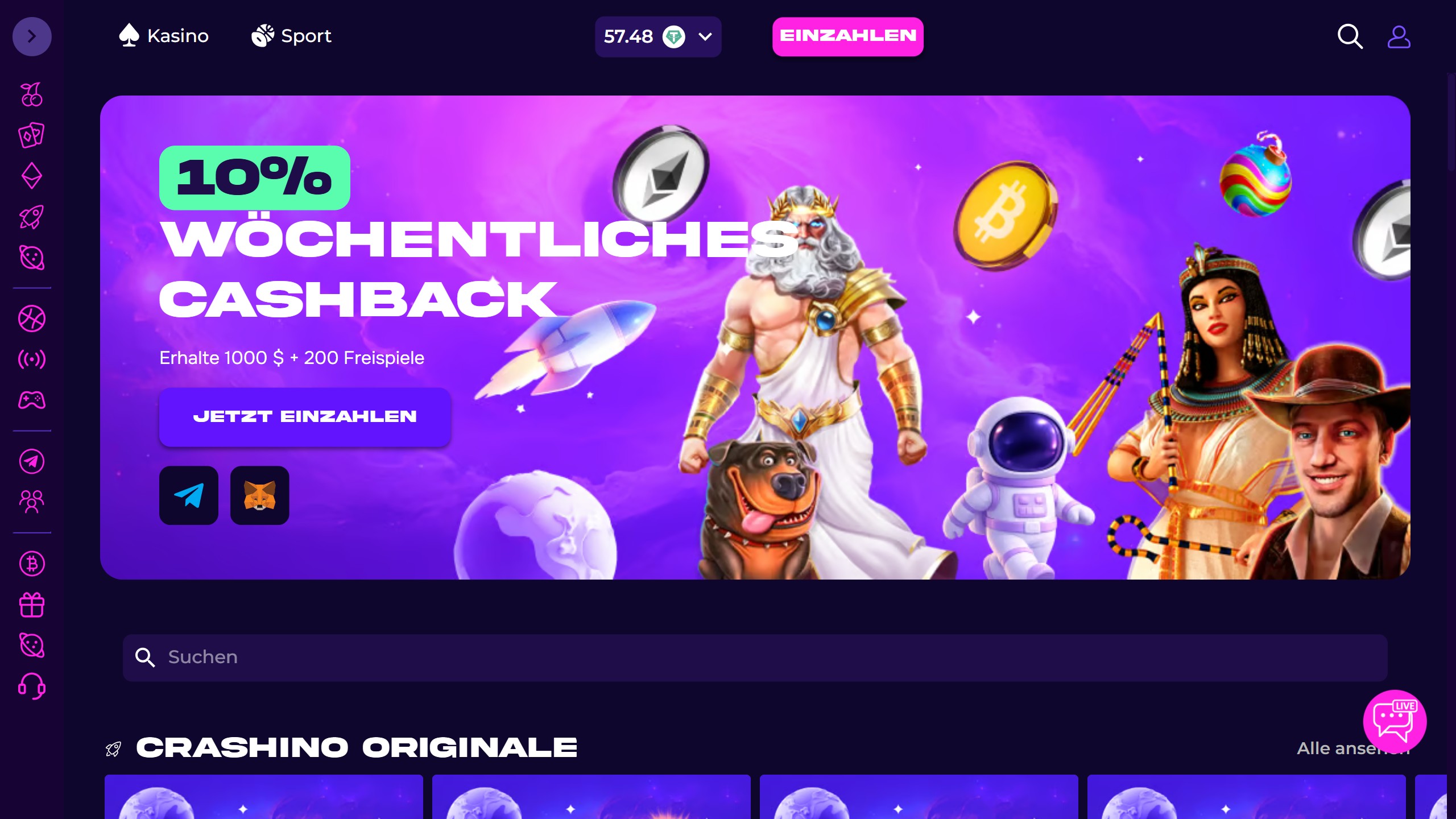 Screenshot der Lobby des Crashino Casinos