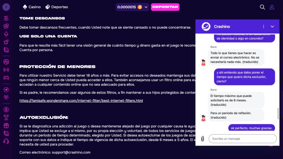 Sección de juego responsable de Crashino junto con la ventana del Chat en el que se pregunta sobre la autoexclusión.