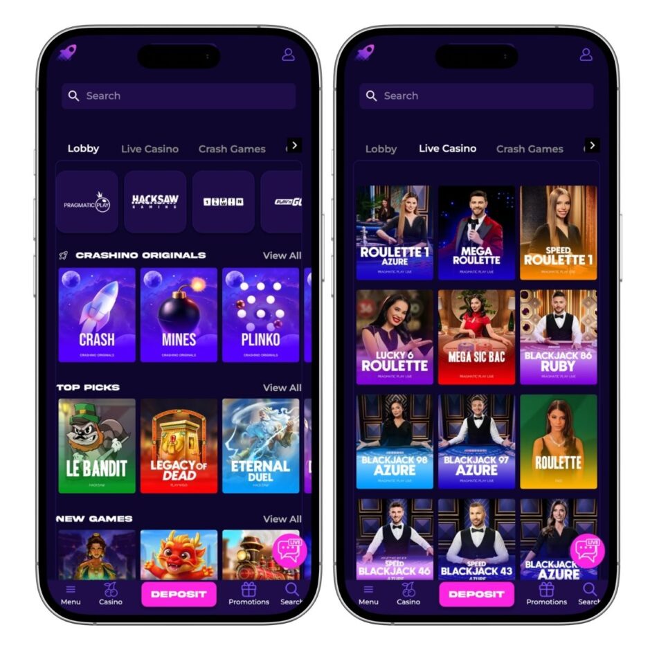 crashino mobile casino screenshot showing crash games, slots and live casino games