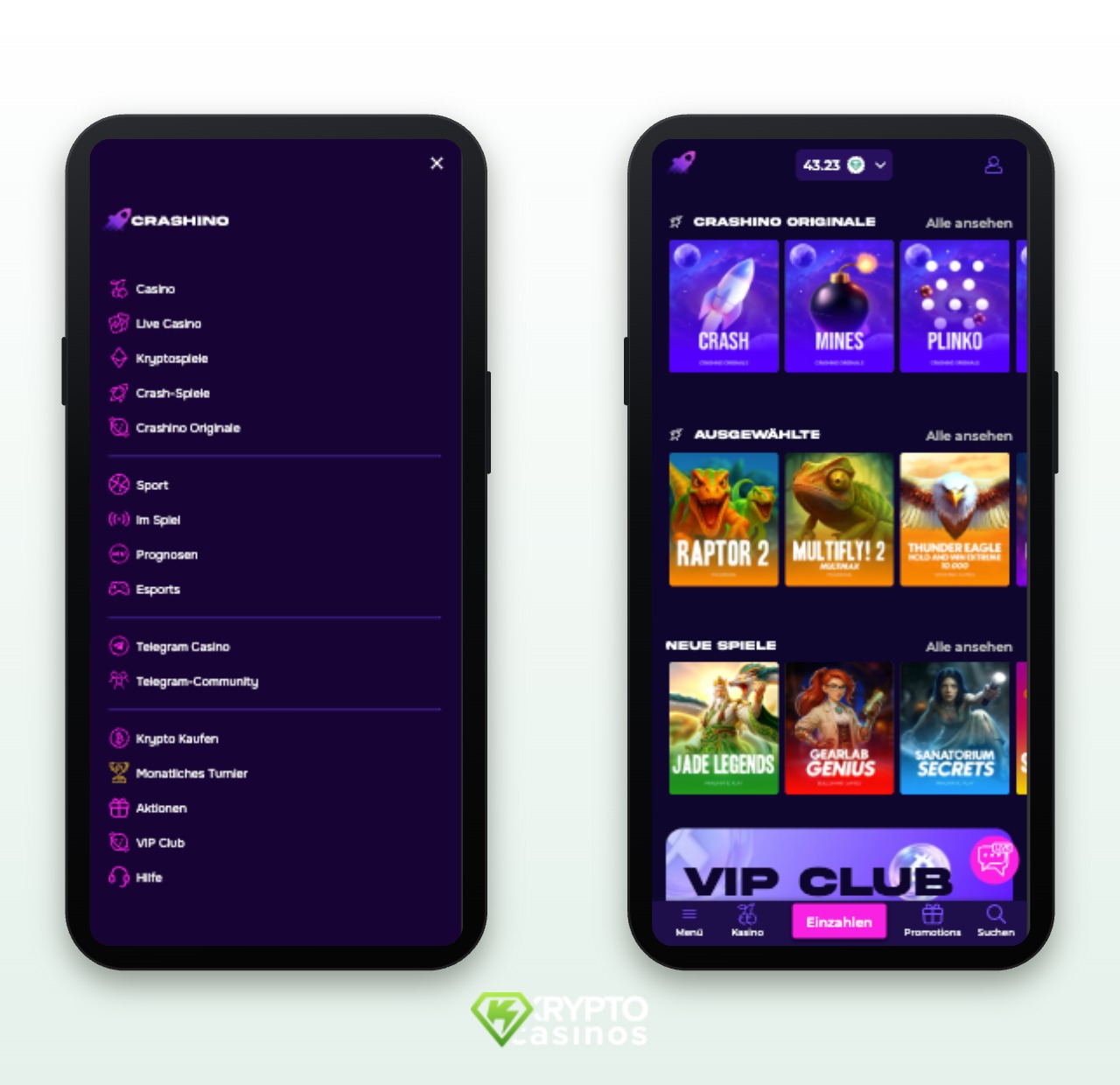 Das Bild zeigt die mobile Version von Crashino CH. Rechts sieht man die Spiellobby und links das Hauptmenü