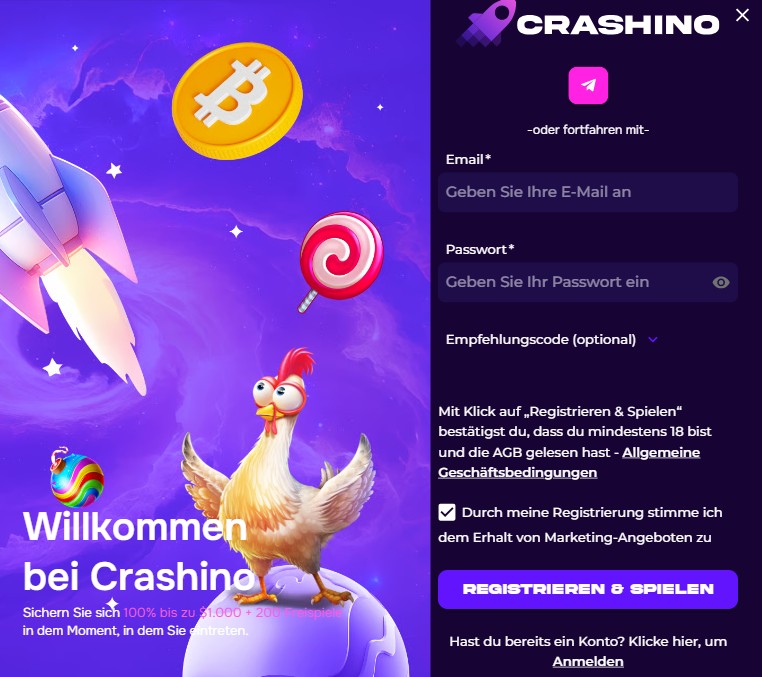 Screenshot der Anmeldung bei Crashino
