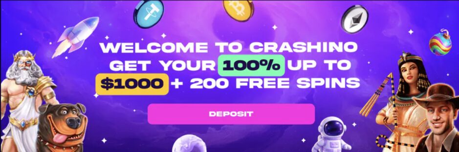 welcome bonus screenshot of crashino casino with 100 percent deposit match and 200 free spins