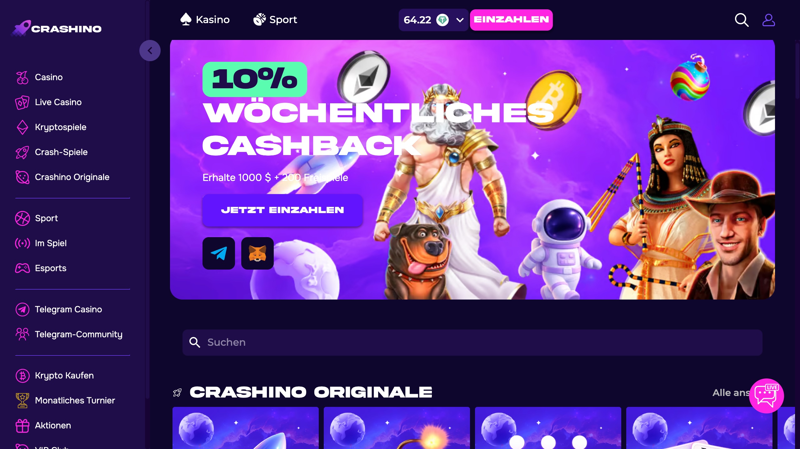 Das Bild zeigt die Startseite des Crashino Casinos der Schweiz mit dem Bonusbanner und der Menü Übersicht.