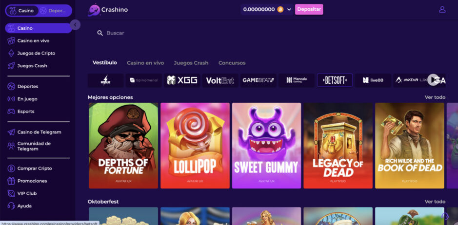 Así se ve el lobby del cripto casino Crashino