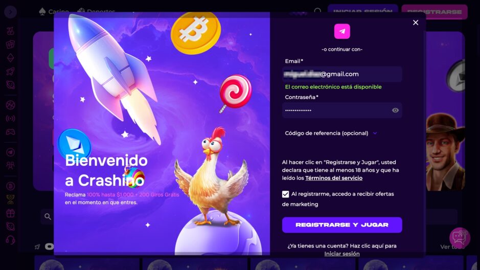 Ventana de registro de Crashino, donde con tan solo un click puedes estar registrado.