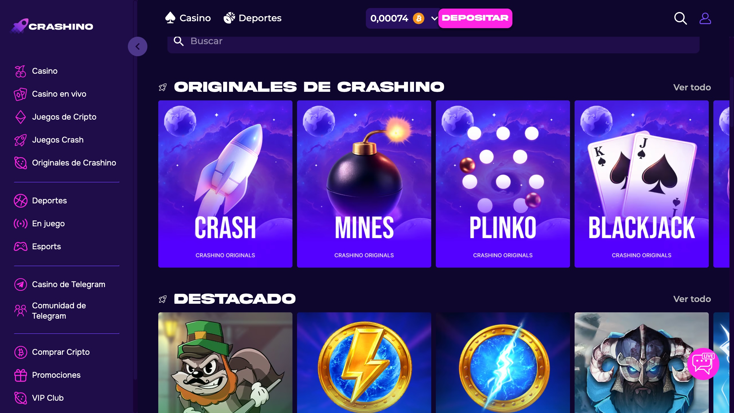 Página principal de Crashino con el menú en la parte izquierda para moverse cómodamente y las principales categorías de la plataforma