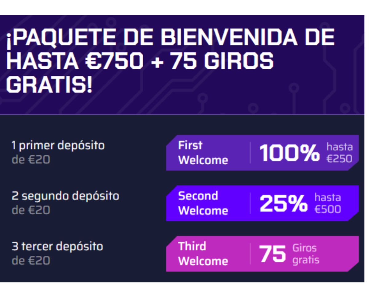 Paquete de bienvenida de Justbit con tres depósitos de hasta 750€ en total y 75 giros gratis